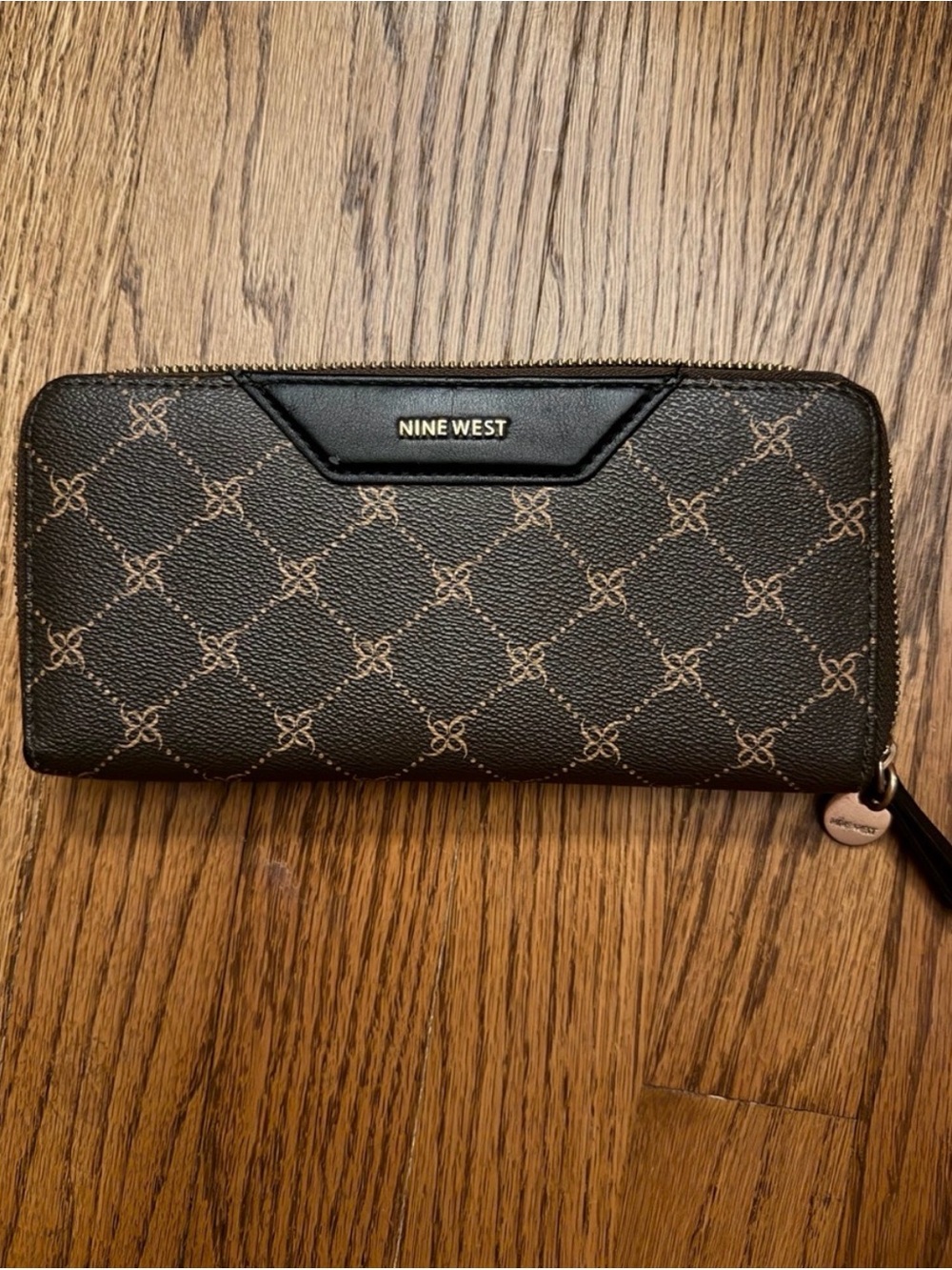 Nine West Black Logo Zip-Around Wallet with Tan Monogram